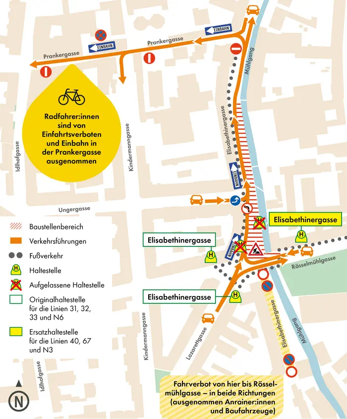 Elisabethinergasse: Verkehrsführung während der Bauarbeiten