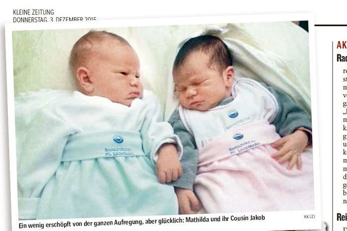 Mathilda und ihr Cousin Jakob aus Graz kamen im Dezember 2015 zur Welt - an ein und demselben Tag!