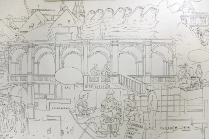 Im Haus der Architektur in der Mariahilferstraße 2 haben die beiden eine 15 Meter lange Wand als Comic gestaltet. Titel: Graztopie