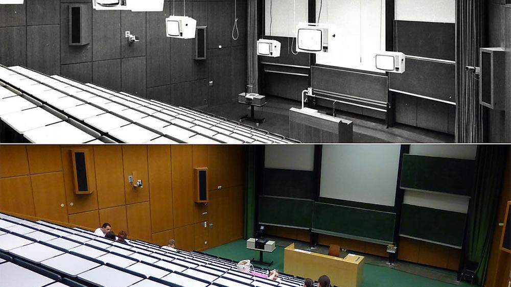 1977: Der Hörsaal 1 wurde mit den anderen drei Sälen erstmals vor 39 Jahren in Betrieb genommen (Bild oben); 2016: Viel verändert hat sich in den knapp vier Jahrzehnten nicht. Eine Sanierung ist mehr als an der Zeit