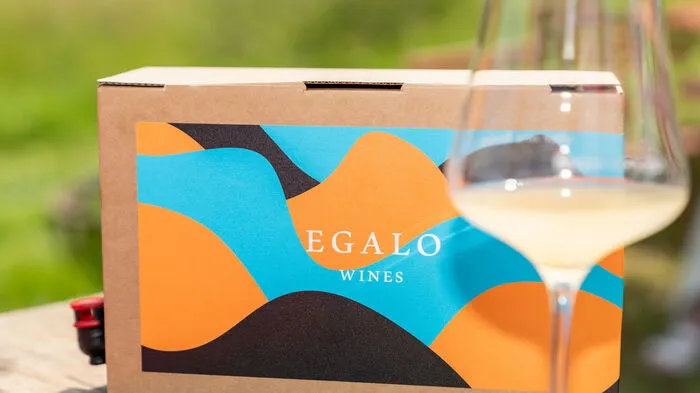 Bei einer Bag-in-Box-Verpackung wird ein mit Flüssigkeit befüllter Kunststoffschlauch in einen stabilen Karton aus Wellkarton platziert.