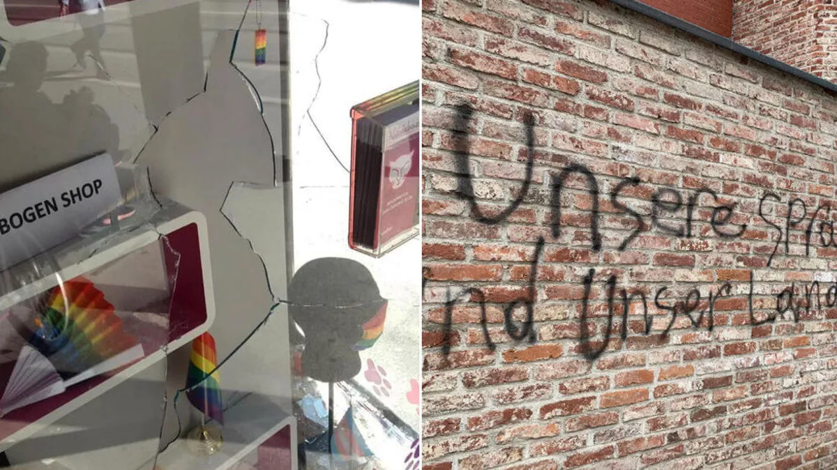 Eingeschlagene Scheiben bei den RosaLila PantherInnen, Palästina-Parolen auf der Mauer der Synagoge