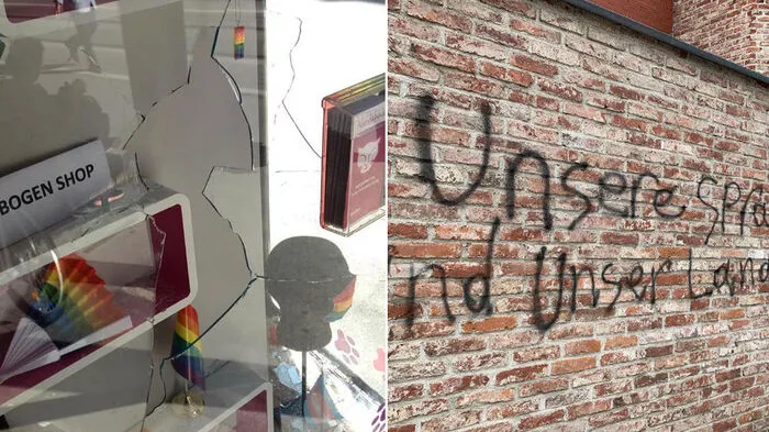 Eingeschlagene Scheiben bei den RosaLila PantherInnen, Palästina-Parolen auf der Mauer der Synagoge