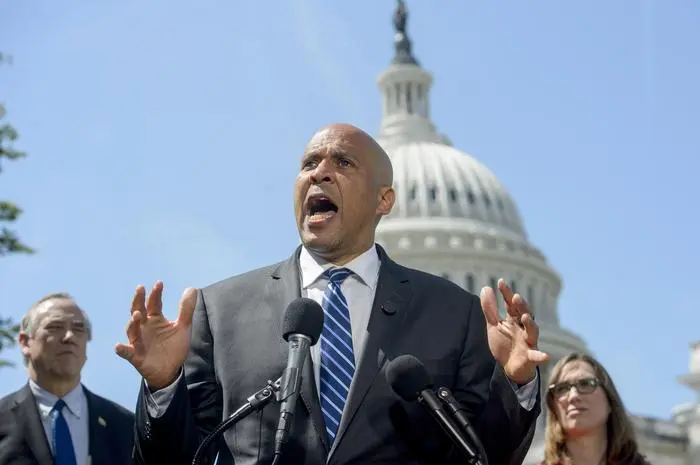 Sen. Cory Booker, D-N.J., speaks during a news conference on the Equality Act at the Capitol, Tuesday, April 29, 2025, in Washington. (AP Photo/Rod Lamkey, Jr.)