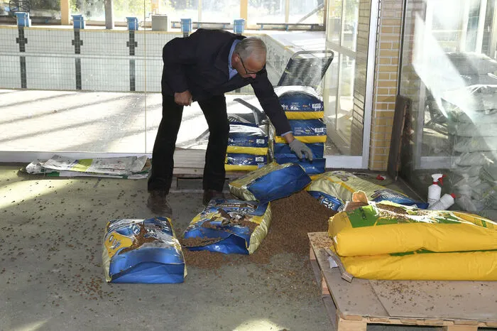 Gelagertes Hundefutter und Tierfuttermittel wurden in das leere Schwimmbecken geworfen, Säcke aufgerissen und im Raum verteilt. Der Unternehmer, der seine Produkte im Hallenbad lagert, versucht zu retten was zu retten ist.