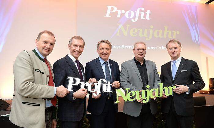 Sozialpartner-Gipfel am Neujahrsempfang: Werner Brugner (LWK), Josef Pesserl (AK), Gastgeber Josef Herk, Horst Schachner (ÖGB), Industrie-Präsident Jochen Pildner-Steinburg 		