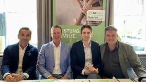 Dietmar Schweiggl (Bezirksgruppenobmann Wirtschaftsbund Leibnitz), Spitzenkandidat Peter Amreich, Joachim Schnabel (Bezirksparteiobmann ÖVP Leibnitz) und Walter Semlitsch (ÖAAB-Bezirksobmann) (v.l.)