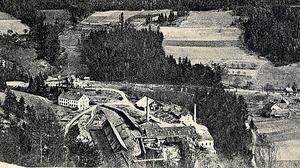 Historische Ansicht der Pappenfabrik Rosegg mit Wohnhaus und Fabrikshallen aus dem Jahr 1939  
