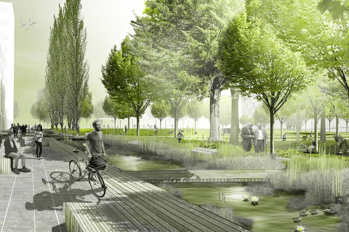 Im Norden des Parks kommt ein frei zugängliches Wasserbecken...