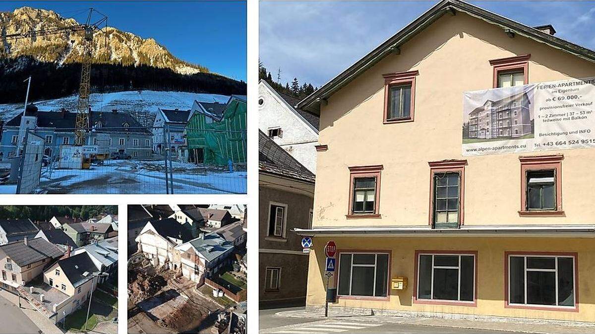 Das Gebäude, das einmal ein Schlecker-Geschäft und eine Raiffeisenbank-Filiale am Hauptplatz Vordernberg beherbergte, wurde abgerissen, um betreutem Wohnen und der neuen Polizeiinspektion Platz zu machen