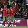 Portugal's Cristiano Ronaldo and Pepe, left, celebrate at the end of the World Cup 2022 playoff soccer match between Portugal and North Macedonia, at the Dragao stadium in Porto, Portugal, Tuesday, March 29, 2022. Portugal won 2-0. (AP Photo/Luis Vieira)