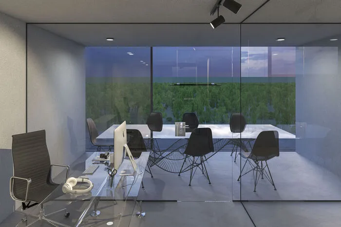 ...während im Arbeitsstudio des Erdgeschoßes strenge Geometrie vorherrscht.
