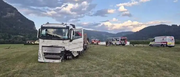 Der Lkw kam nach der Kollision auf einer Wiese zu stehen
