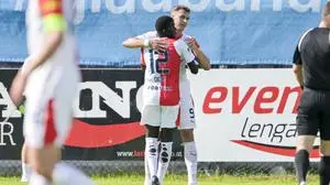 BAD LEONFELDEN,AUSTRIA,06.JUL.24 - SOCCER - ADMIRAL Bundesliga, Fortuna Liga, SK Rapid Wien vs Slavia Prag. Image shows the rejoicing of Prag with Daniel Fila (Prag).
Photo: GEPA pictures/ Christian Moser