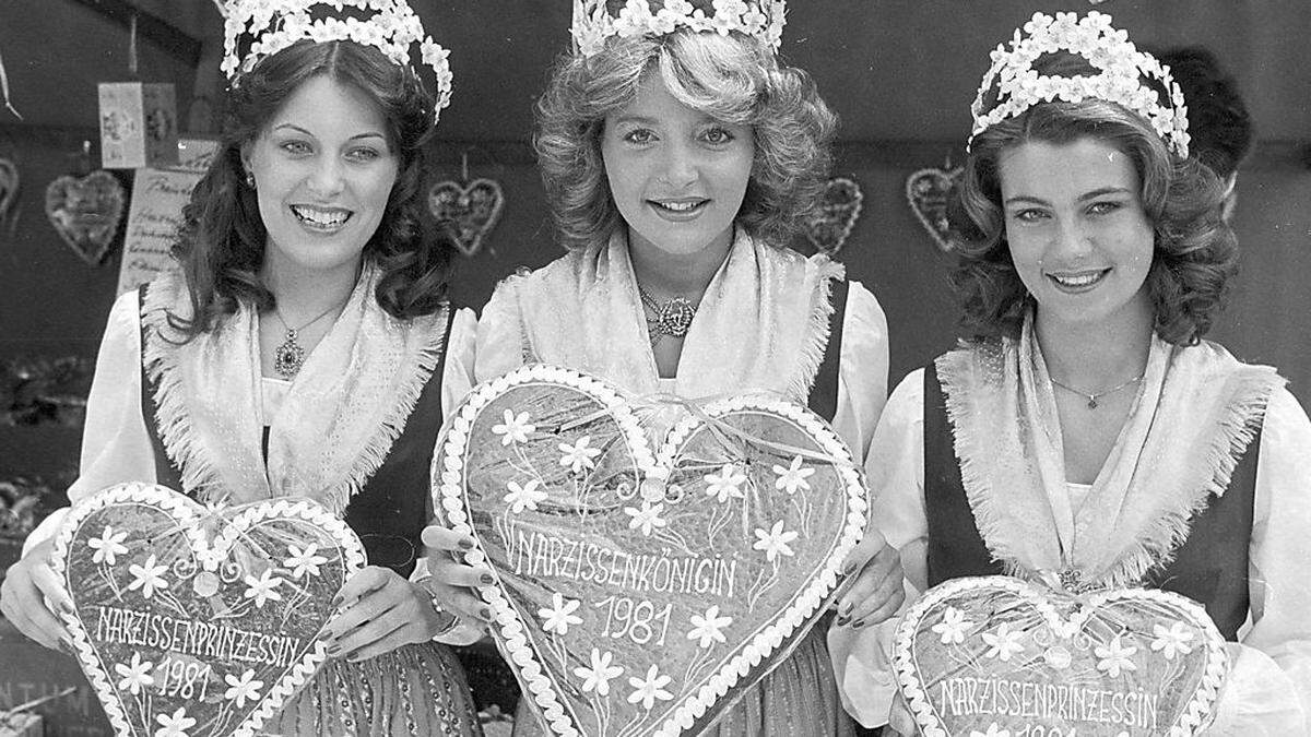 Narzissenkönigin1981 Sylvia Mitterböck und die Prinzessinnen Elisabeth Waldner, Erika Hütter