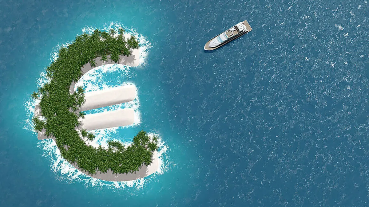 Tax haven, financial or wealth evasion on a euro island. A luxury boat is sailing to the island.