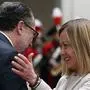 Italy's Prime Minister Giorgia Meloni (R) welcomes Austria's Chancellor Alexander Schallenberg upon his arrival at the Palazzo Chigi in Rome on Febuary 10, 2025. (Photo by Filippo MONTEFORTE / AFP)