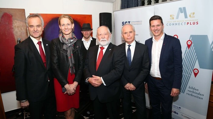Benjamin Wakounig, WK-Vizepräsidentin Carmen Goby , slowenischer Minister Peter Jozef Cesnik, Milan Predan, Daniel Fellner (von links)