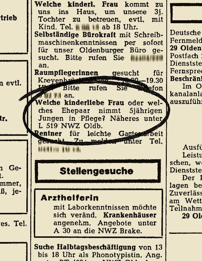 Die Anzeige in der Nordwest-Zeitung im Juli 1973, mit der Ralf Lengens Mutter Pflegeeltern für ihn suchte