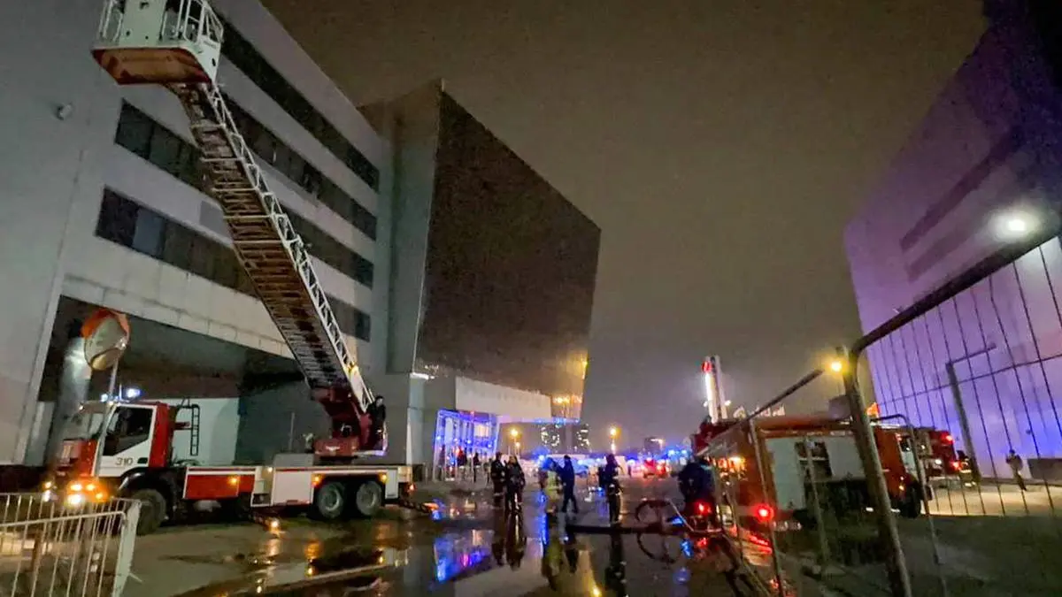 RUSSIA, MOSCOW REGION - MARCH 22, 2024: First responders are seen outside the Crocus City Hall in the town of Krasnogorsk where unidentified persons opened fire. Evacuation is underway. Yekaterina Khristova/TASS PUBLICATIONxINxGERxAUTxONLY 68457699