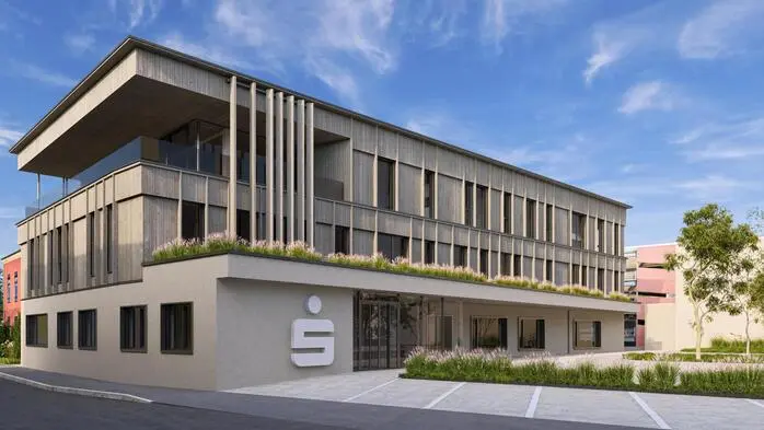 So soll die neue Zentrale der Sparkasse Voitsberg-Köflach, die 2027 eröffnet werden soll, aussehen