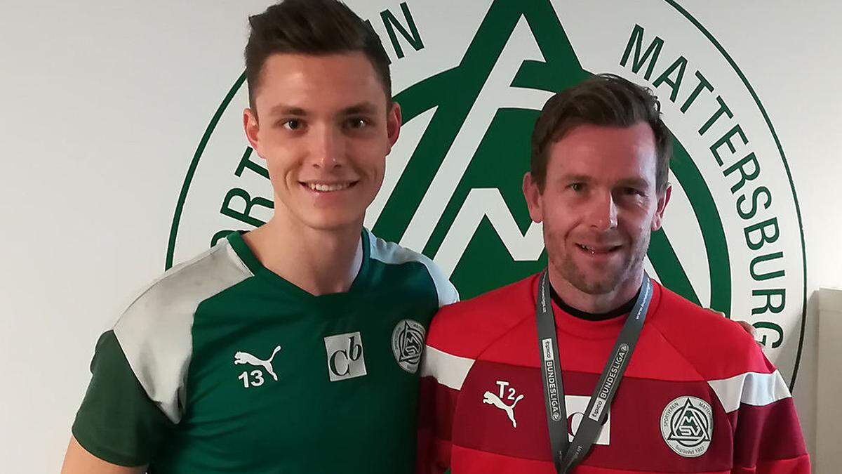 Die Kärntner im Dress der Burgenländer: Mattersburg-Tormann Tino Casali mit dem neuen Co-Trainer Thomas Höller (r.)