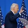 US President Joe Biden waves as he leaves after speaking during a press conference at the close of the 75th NATO Summit at the Walter E. Washington Convention Center in Washington, DC on July 11, 2024. (Photo by SAUL LOEB / AFP)