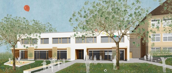 Ein zweigeschossiger Gelenkbau verknüpft die Volksschule und den Kindergarten in St. Kanzian am Klopeiner See künftig baulich miteinander