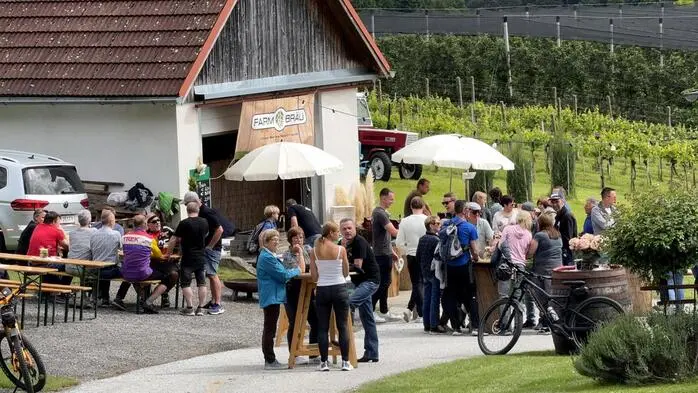 Unter dem Motto „Wein trifft Bier am Berg“ luden die beiden Weinbauern Bernhard Schwab und Johann Maier mit Farmbräu-Bierbrauer Hermann Meyer zu einem stimmungsvollen Schmankerlnachmittag.