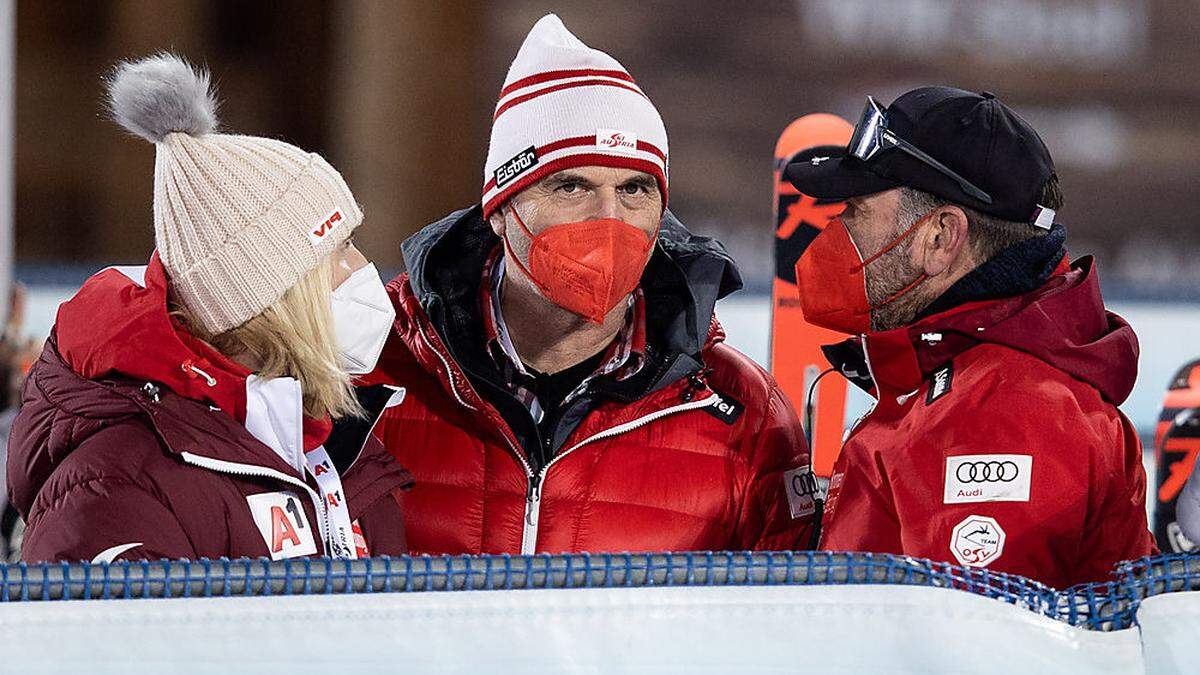 ÖSV-Sportdirektor Toni Giger, hier mit Präsidentin Roswitha Stadlober und Alpin-Chef Patrick Riml 