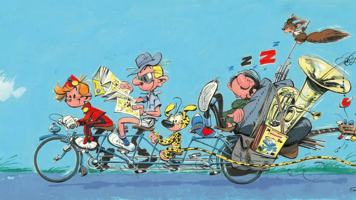 Spirou, Fantasio und Marsupilami treten in die Pedale, nur Gaston macht es sich gemütlich