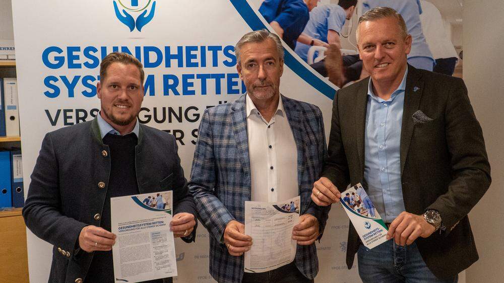 Marco Triller (Landtagsabgeordneter), Werner Gradwohl (FPÖ-Bezirksparteiobmann) und Mario Kunasek (Klubobmann) präsentierten in Deutschlandsberg die neue Kampagne