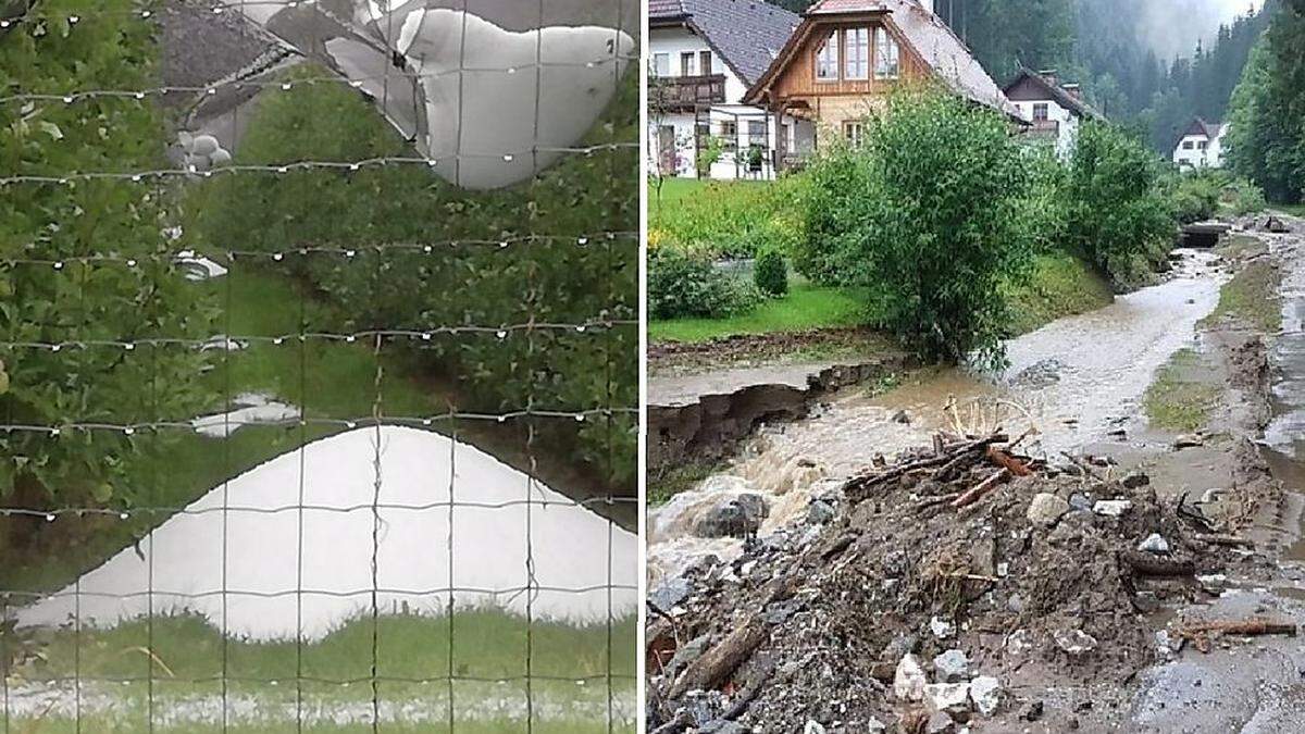 Hagel-Haufen in Gersdorf/Feistritz. Überschwemmungsschäden in Koglhof (Gemeinde Anger)