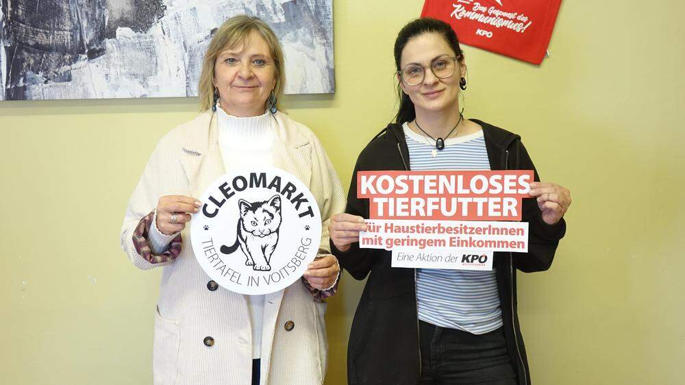 KPÖ-Klubobfrau Claudia Klimt-Weithaler und Bezirksgeschäftsführerin Sabine Wagner laden zur ersten Tiertafel namens Cleomarkt