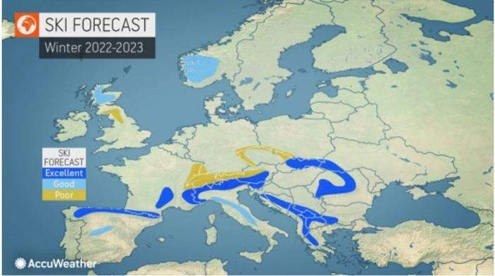 Schneereiche, normale und schneearme Gebiete Europas, laut Saisonprognose von AccuWeather  