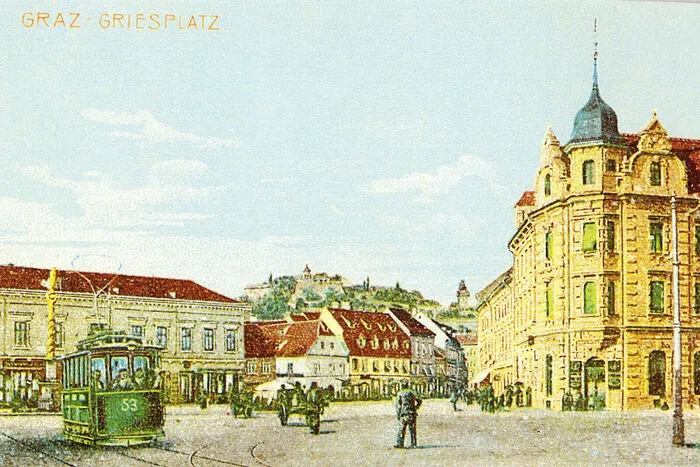 Kolorierte Postkarte vom Griesplatz.
