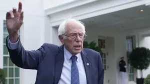 Sen. Bernie Sanders, I-Vt., talks with reporters following his meeting with President Joe Biden at the White House in Washington, Wednesday, Aug. 30, 2023. (AP Photo/Susan Walsh)
