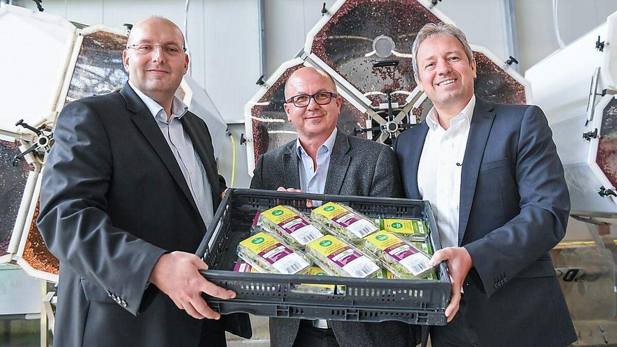 Fritz Rauer (Mitte) vor der Sprossen-Produktionsanlage mit Rewe-Prokurist Hans Regner (rechts) und Wolfgang Gartner (Billa)  