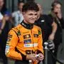 McLaren's British driver Lando Norris reacts after claiming pole position at the end of the qualifying session ahead of the Abu Dhabi Formula One Grand Prix at the Yas Marina Circuit in Abu Dhabi on December 7, 2024. (Photo by HAMAD I MOHAMMED / POOL / AFP)