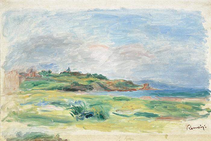 Das gestohlene Gemälde: Auguset Renoirs kleiner flüchtiger Küstenstreifen „Golfe, mer, falaises vertes“ (27 x 40 cm) aus dem Jahr 1895 wurde zuvor schon mehrmals vor allem auf Londoner Auktionen angeboten