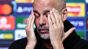 UEFA Champions League press conference, PK, Pressekonferenz Manchester City v Real Madrid Pep Guardiola manager of Manchester City speak to the press during the UEFA Champions League Press Conference Manchester City v Real Madrid at Etihad Stadium, Manchester, United Kingdom, 10th February 2025 Photo by Mark Cosgrove/News Images Manchester Etihad Stadium Manchester United, ManU Kingdom Copyright: xMarkxCosgrove/NewsxImagesx