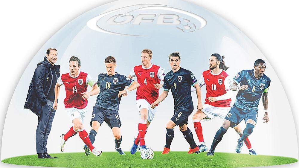 Franco Foda, Julian Baumgartlinger, Christoph Baumgartner, Martin Hinteregger, Marcel Sabitzer, Florian Grillitsch und David Alaba (von links) befinden sich wie das ganze ÖFB-Team in der Blase