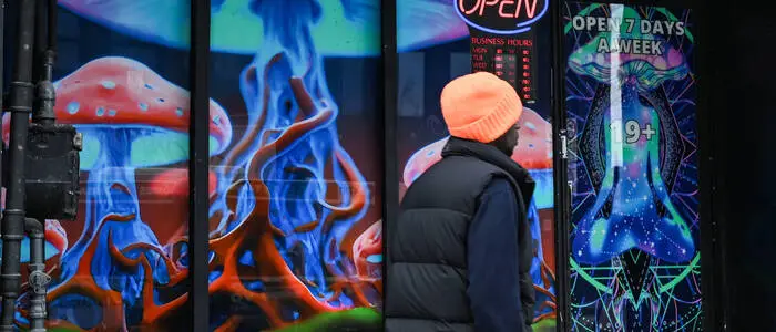 Ein Mann geht an einem Schaufenster mit der Aufschrift „Magic Mushrooms“, auf dem bunte Pilze abgebildet sind, vorbei.