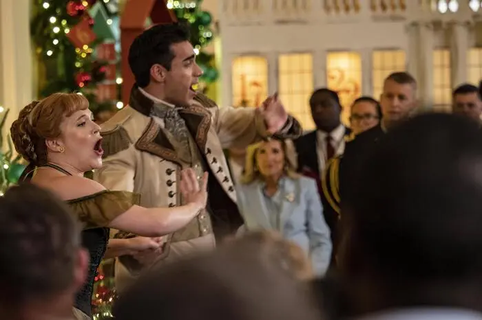 November 27, 2023, Washington, District of Columbia, USA: First Lady JILL BIDEN watches the cast of Frozen perform at the White House for military families. LAUREN NICOLE CHAPMAN Anna and PRESTON PEREZ Hans here sing ÃLove is An Open Door. Washington USA - ZUMAd155 20231127_znp_d155_018 Copyright: xSuexDorfmanx