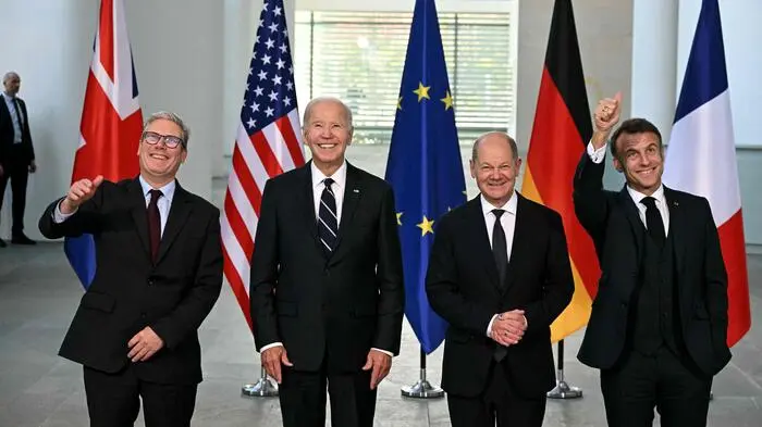 Finale Unterredung in Berlin (von links): Der britische Premier Keir Starmer, US-Präsident Joe Biden, der deutsche Bundeskanzler Olaf Scholz und der französische Präsident Emmanuel Macron 