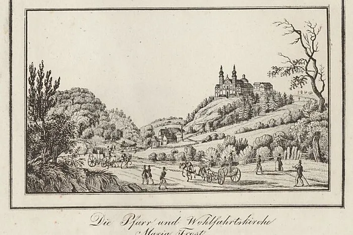 MARIATROST Kaiser-Suite Herausgegeben von Josef Franz Kaiser, mit Lithographien von zehn verschiedenen Lithographen.Die Kaisersuite ist eine Sammlung von 346 Ansichten der Städte und Märkte der Steiermark und entstand über einen Zeitraum von zehn Jahren (1825–1835).