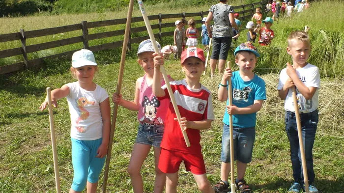 Wie anno dazumal haben Kinder des Kindergartens Baldramsdorf unter der Leitung von Elke Haßlacher zum Rechen gegriffen und Heu geerntet.