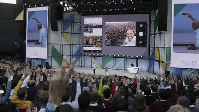 Anil Sabharwal talks about updates to Google Photos during the keynote address of the Google I/O conference, Wednesday, May 17, 2017, in Mountain View, Calif. Google provided the latest peek at the digital services and gadgets that it has assembled in the high-tech tussle to become an even more influential force in people's lives. (AP Photo/Eric Risberg)