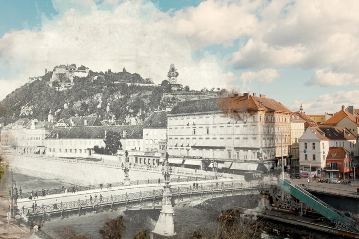 ... dafür sorgt ein interaktiver Bildschirm, der mittels Augmented Reality historische Fotos mit aktuellen Bildern verquickt.
