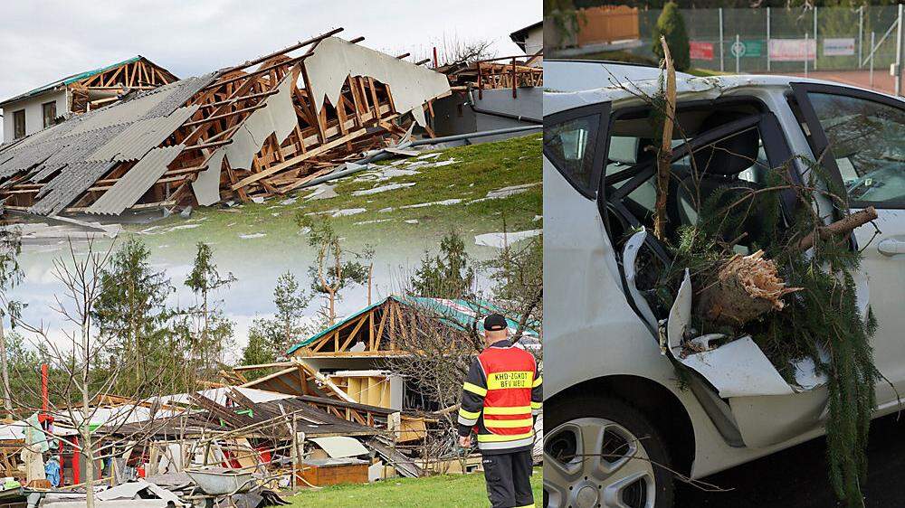 Bei Eibiswald ließ der Wind ganze Gebäude einstürzen, zahlreiche Autos wurden auch beschädigt.